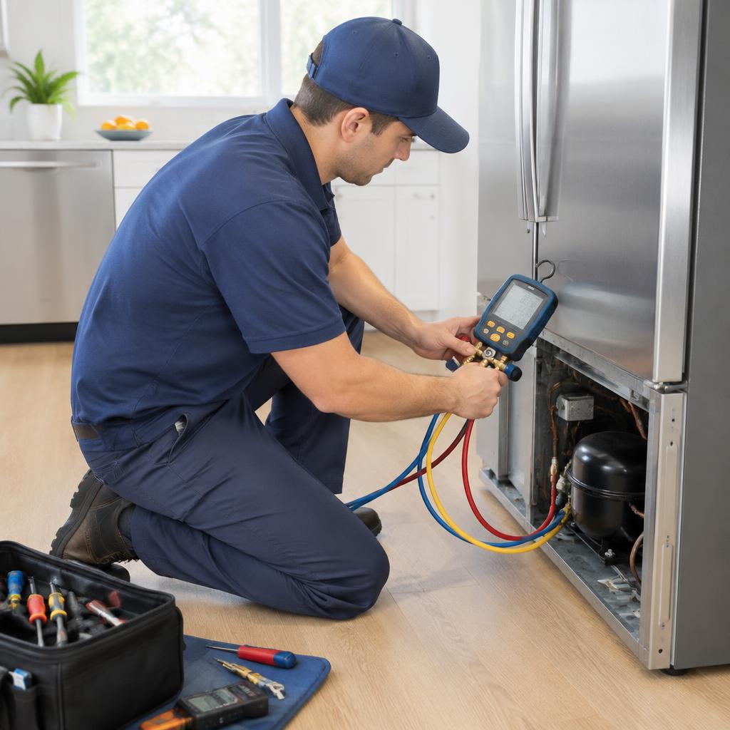Technician testing a refrigerator sealed system with a digital manifold gauge