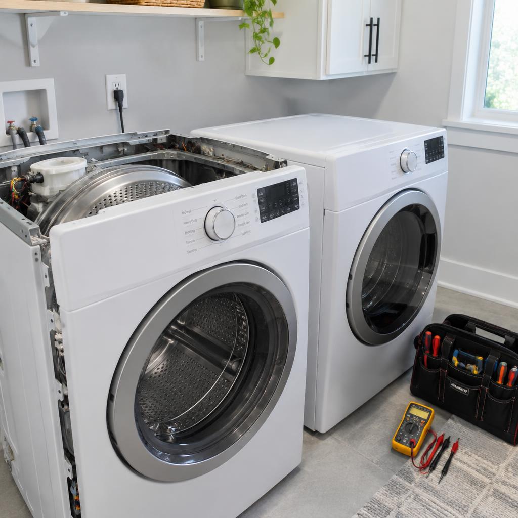 Front-load washer opened for repair beside a matching dryer