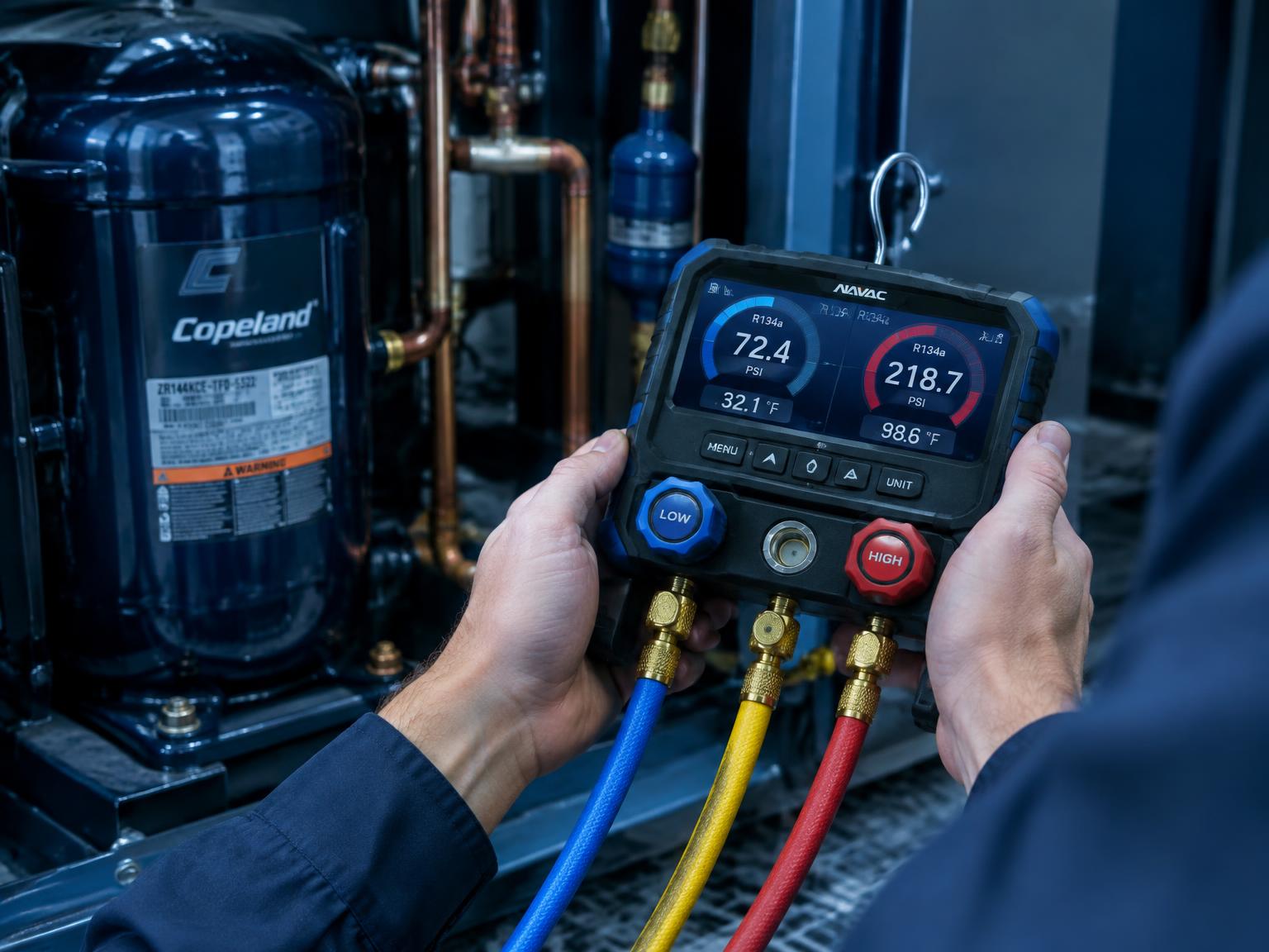 Digital refrigeration manifold gauges connected to a commercial compressor