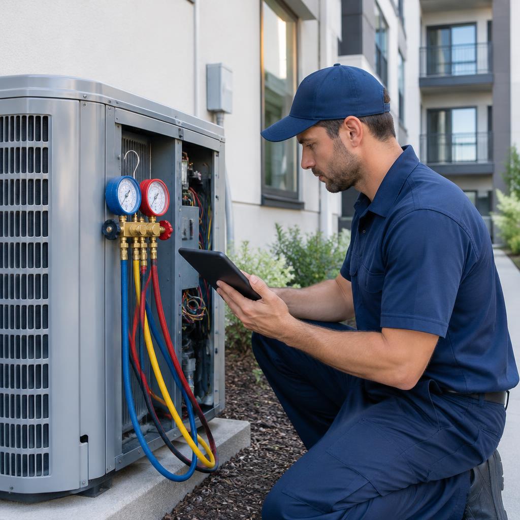 Technician servicing an outdoor condenser at an apartment building