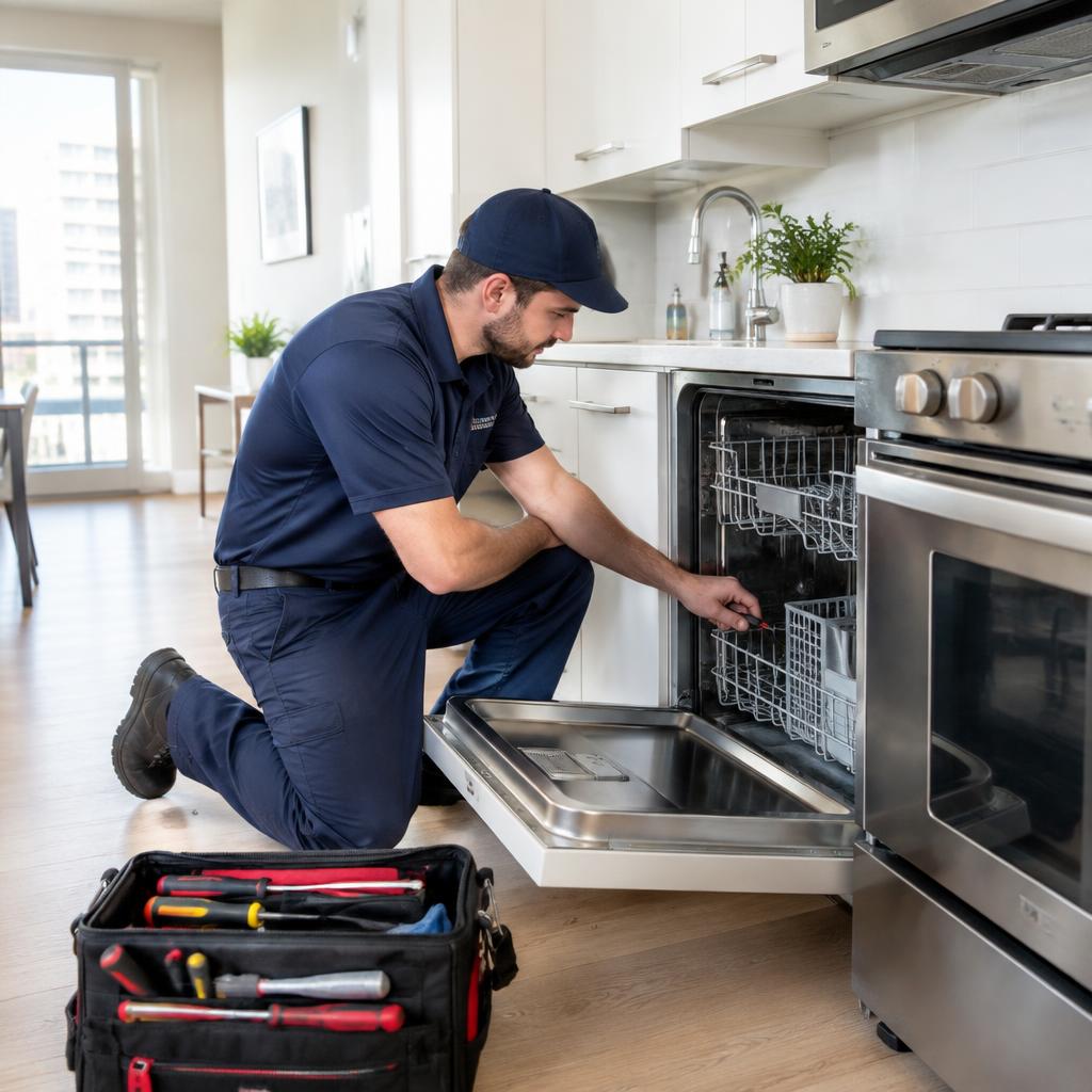 Technician repairing a built-in dishwasher in a rental apartment kitchen