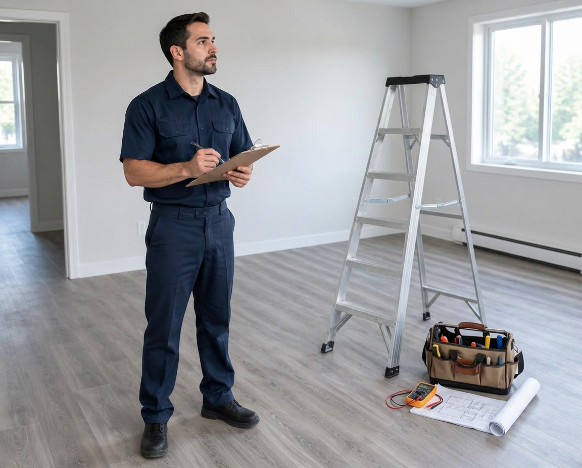 Property technician with a clipboard inside a freshly emptied apartment during a unit turnover