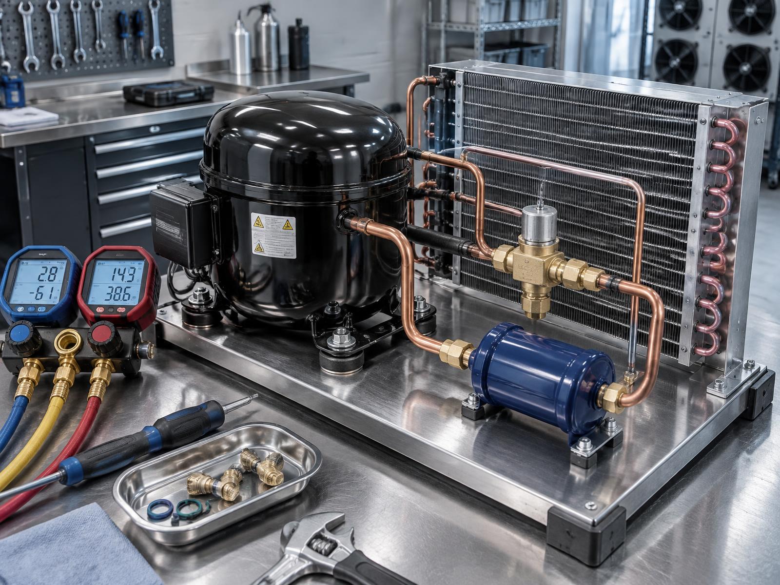 Refrigeration compressor, refrigerant lines, condenser and precision gauges
